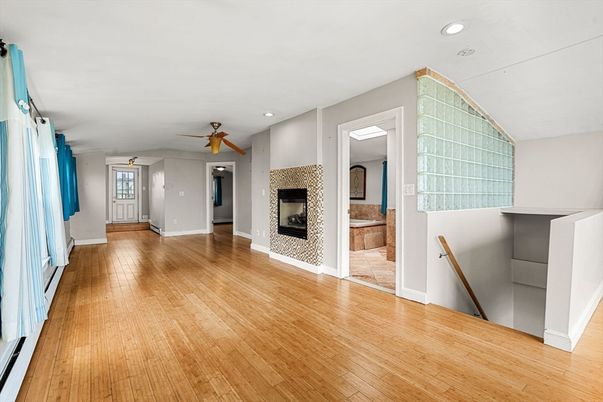 Empty room, Fireplace, Interior, Recessed Lighting, Wood Texture Flooring