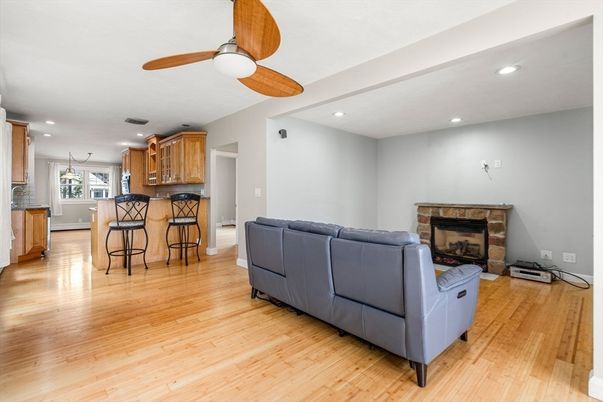 Fireplace, Interior, Kitchen, Living room, Recessed Lighting, Wood Texture Flooring