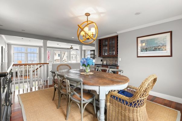Chandelier, Dining room, Interior, Recessed Lighting, Wood Texture Flooring