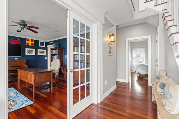 Home Office, Interior, Piano, Recessed Lighting, Wood Texture Flooring