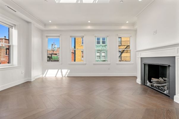 Empty room, Fireplace, Interior, Recessed Lighting, Wood Texture Flooring