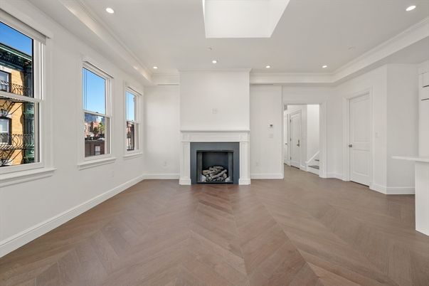 Empty room, Fireplace, Interior, Recessed Lighting, Wood Texture Flooring