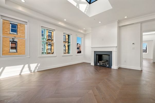 Empty room, Fireplace, Interior, Recessed Lighting, Wood Texture Flooring