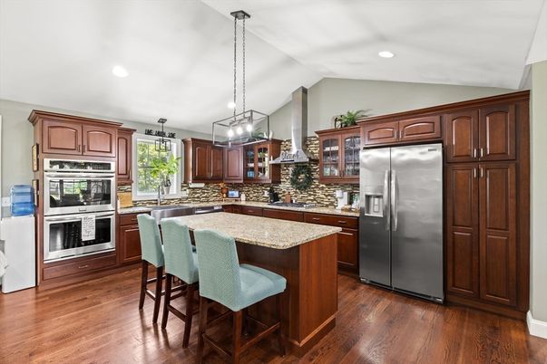 Fireplace, Interior, Kitchen, Pendant Lights, Recessed Lighting, Stainless Steel Appliances, Wood Texture Flooring