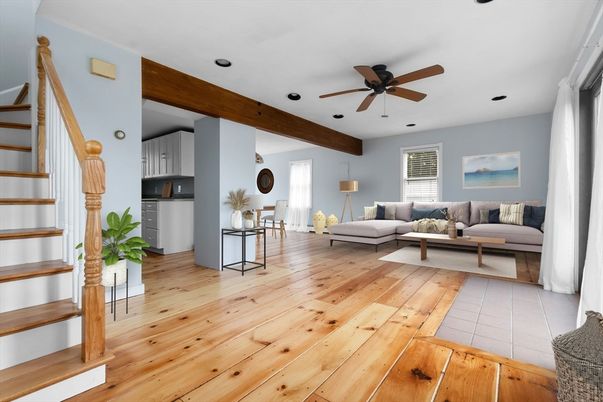 Interior, Living room, Recessed Lighting, Wooden Beams, Wood Texture Flooring