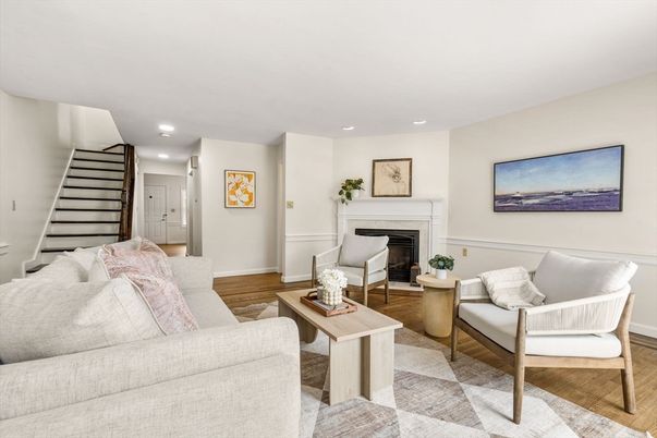 Fireplace, Interior, Living room, Recessed Lighting, Wood Texture Flooring
