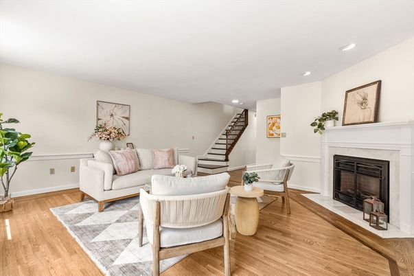 Fireplace, Interior, Living room, Recessed Lighting, Wood Texture Flooring