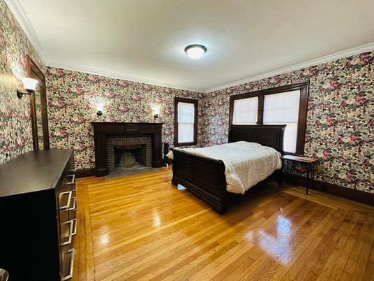 Bedroom, Fireplace, Interior, Wood Texture Flooring
