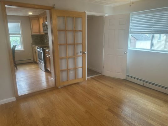 Empty room, Interior, Kitchen, Recessed Lighting, Wood Texture Flooring