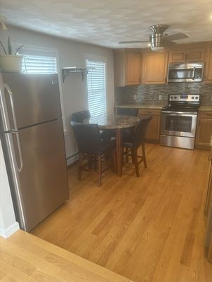 Dining room, Interior, Kitchen, Stainless Steel Appliances, Wood Texture Flooring