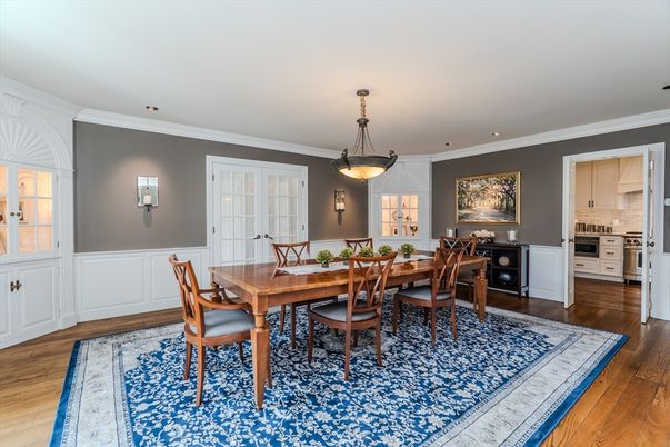 Dining room, Interior, Kitchen, Pendant Lights, Recessed Lighting, Wood Texture Flooring