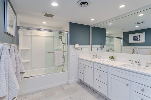 Bathroom, Dual Sink Vanities, Glass Shower, Interior, Recessed Lighting