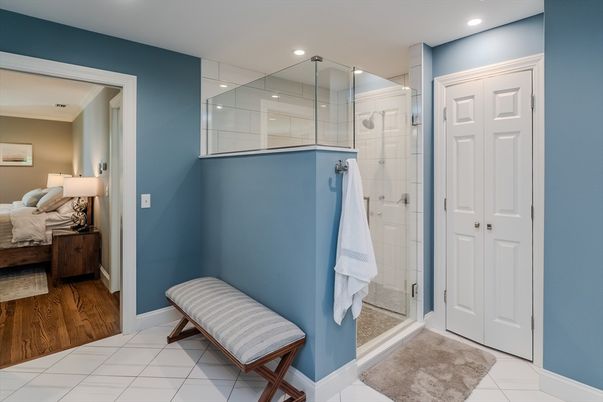 Bathroom, Bedroom, Glass Shower, Interior, Recessed Lighting, Wood Texture Flooring