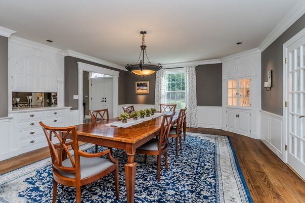 Dining room, Interior, Pendant Lights, Wood Texture Flooring