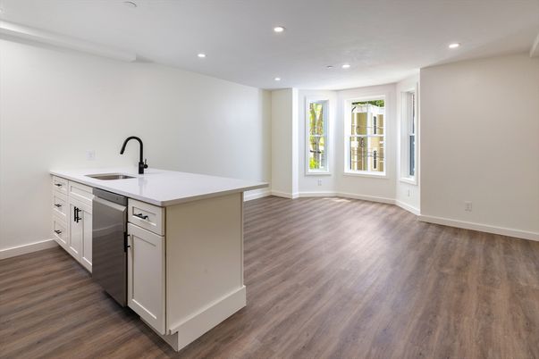 Empty room, Interior, Kitchen, Recessed Lighting, Wood Texture Flooring