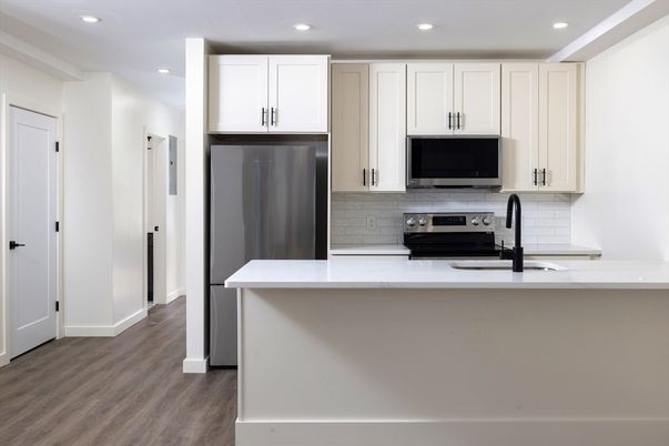 Interior, Kitchen, Recessed Lighting, Stainless Steel Appliances, Wood Texture Flooring