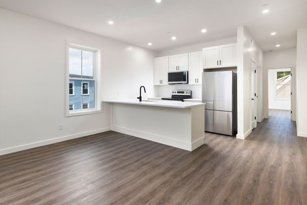 Interior, Kitchen, Recessed Lighting, Stainless Steel Appliances, Wood Texture Flooring