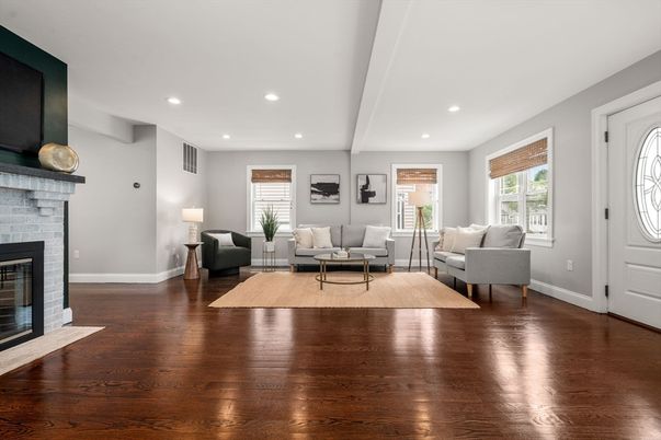 Fireplace, Interior, Living room, Recessed Lighting, Wood Texture Flooring