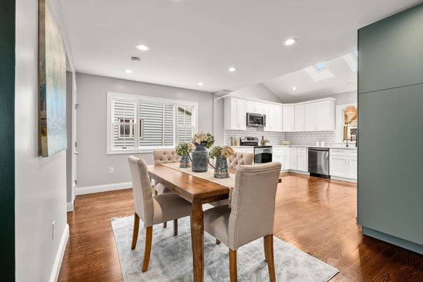 Dining room, Interior, Kitchen, Recessed Lighting, Stainless Steel Appliances, Wood Texture Flooring