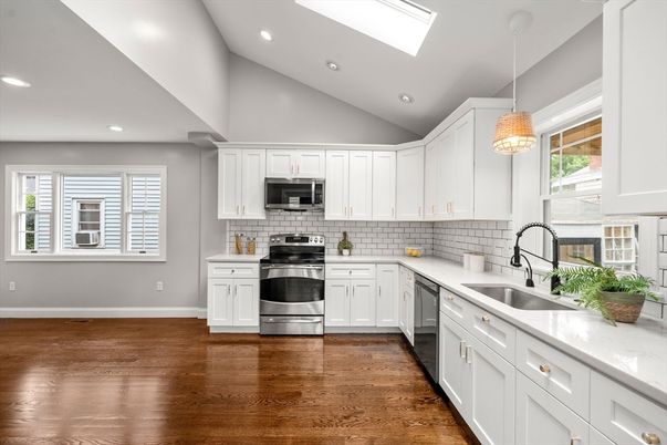 Interior, Kitchen, Pendant Lights, Recessed Lighting, Stainless Steel Appliances, Wood Texture Flooring