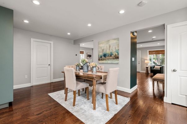 Dining room, Interior, Recessed Lighting, Wood Texture Flooring