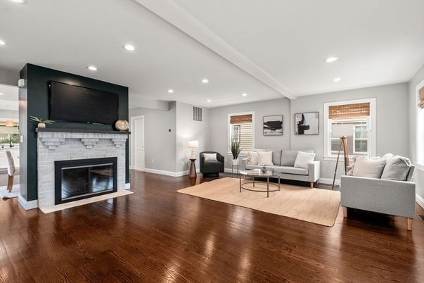 Fireplace, Interior, Living room, Recessed Lighting, Wood Texture Flooring