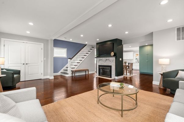 Fireplace, Interior, Living room, Recessed Lighting, Wood Texture Flooring