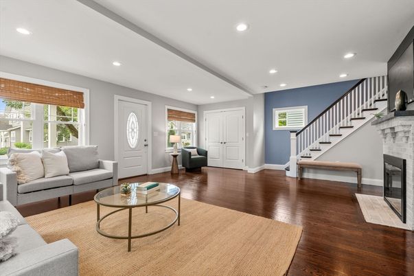 Fireplace, Interior, Living room, Recessed Lighting, Wood Texture Flooring