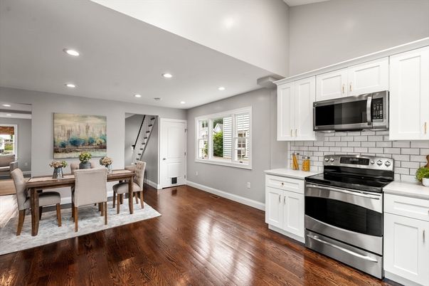 Dining room, Interior, Kitchen, Recessed Lighting, Stainless Steel Appliances, Wood Texture Flooring