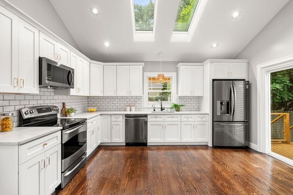 Interior, Kitchen, Recessed Lighting, Stainless Steel Appliances, Wood Texture Flooring