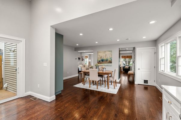 Dining room, Interior, Recessed Lighting, Wood Texture Flooring