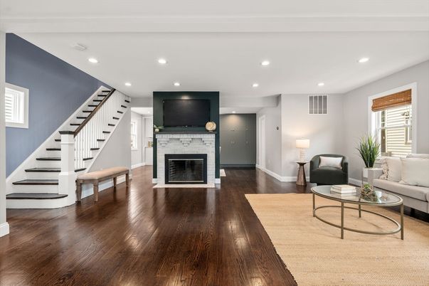 Fireplace, Interior, Living room, Recessed Lighting, Wood Texture Flooring