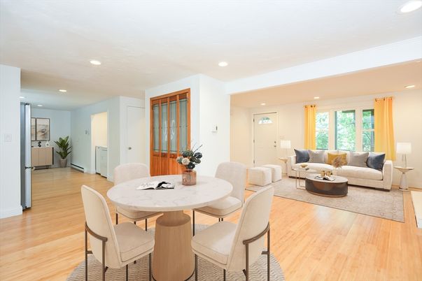 Dining room, Interior, Living room, Recessed Lighting, Wood Texture Flooring