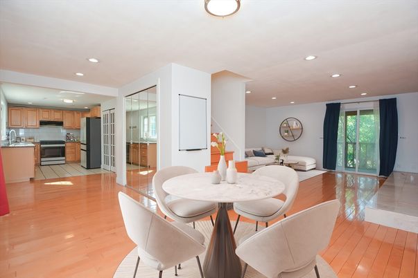 Dining room, Interior, Kitchen, Living room, Recessed Lighting, Stainless Steel Appliances, Wood Texture Flooring