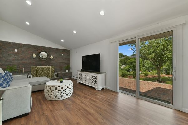 Interior, Living room, Recessed Lighting, Stone Walls, Wood Texture Flooring