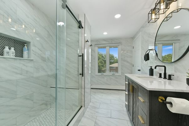 Bathroom, Dual Sink Vanities, Glass Shower, Interior, Marble, Marble Walls, Recessed Lighting