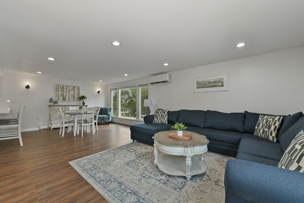 Dining room, Interior, Living room, Recessed Lighting, Wood Texture Flooring