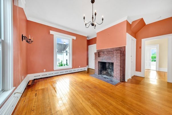 Chandelier, Empty room, Fireplace, Interior, Stone Walls, Wood Texture Flooring