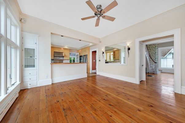 Empty room, Interior, Kitchen, Pendant Lights, Wood Texture Flooring