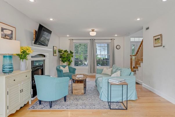 Fireplace, Interior, Living room, Recessed Lighting, Wood Texture Flooring