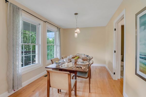 Dining room, Interior, Pendant Lights, Wood Texture Flooring
