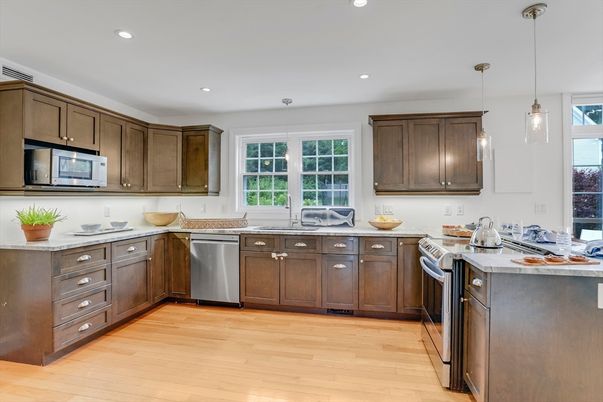 Interior, Kitchen, Pendant Lights, Recessed Lighting, Stainless Steel Appliances, Wood Texture Flooring