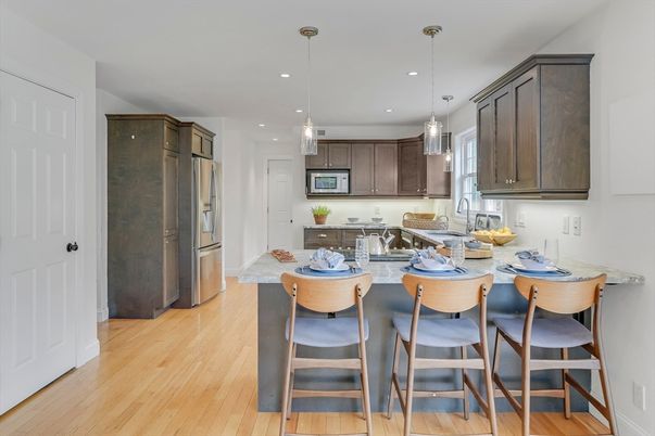 Interior, Kitchen, Pendant Lights, Recessed Lighting, Wood Texture Flooring