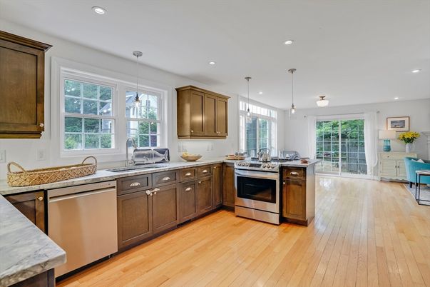 Interior, Kitchen, Pendant Lights, Recessed Lighting, Stainless Steel Appliances, Wood Texture Flooring
