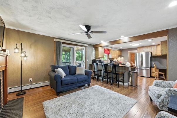 Interior, Kitchen, Living room, Recessed Lighting, Stainless Steel Appliances, Wood Texture Flooring