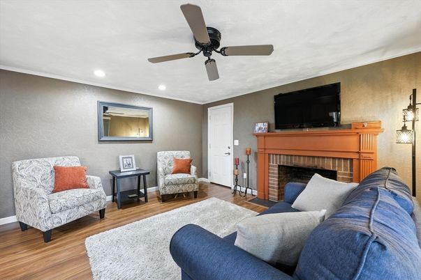 Fireplace, Interior, Living room, Recessed Lighting, Wood Texture Flooring