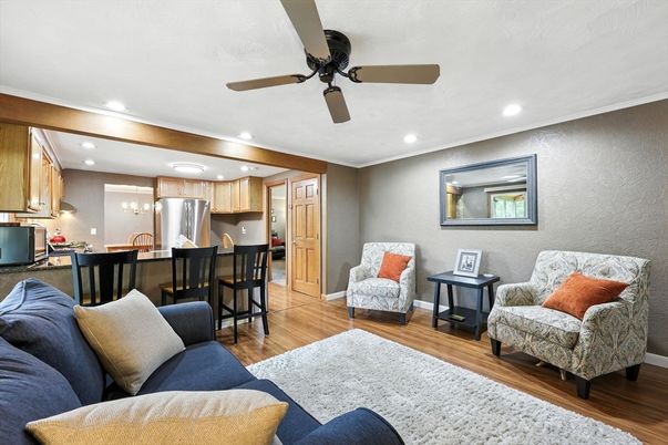 Interior, Kitchen, Living room, Recessed Lighting, Stainless Steel Appliances, Wood Texture Flooring