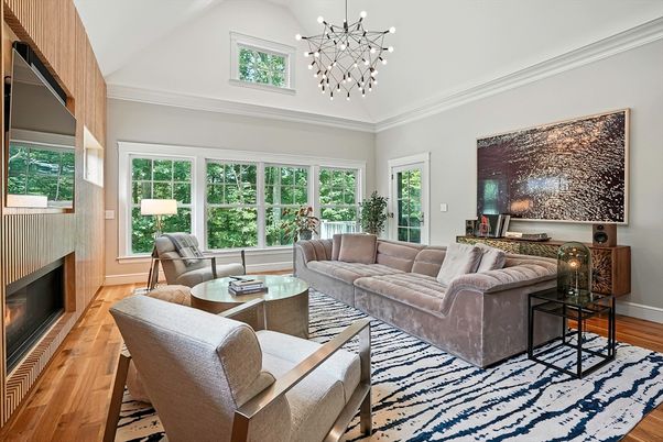 Fireplace, Interior, Living room, Pendant Lights, Wood Texture Flooring