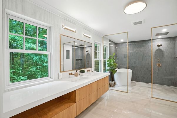 Bathroom, Dual Sink Vanities, Free Standing Baths, Glass Shower, Interior, Recessed Lighting