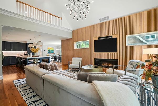 Fireplace, Interior, Kitchen, Living room, Pendant Lights, Wood Texture Flooring, Wooden Walls